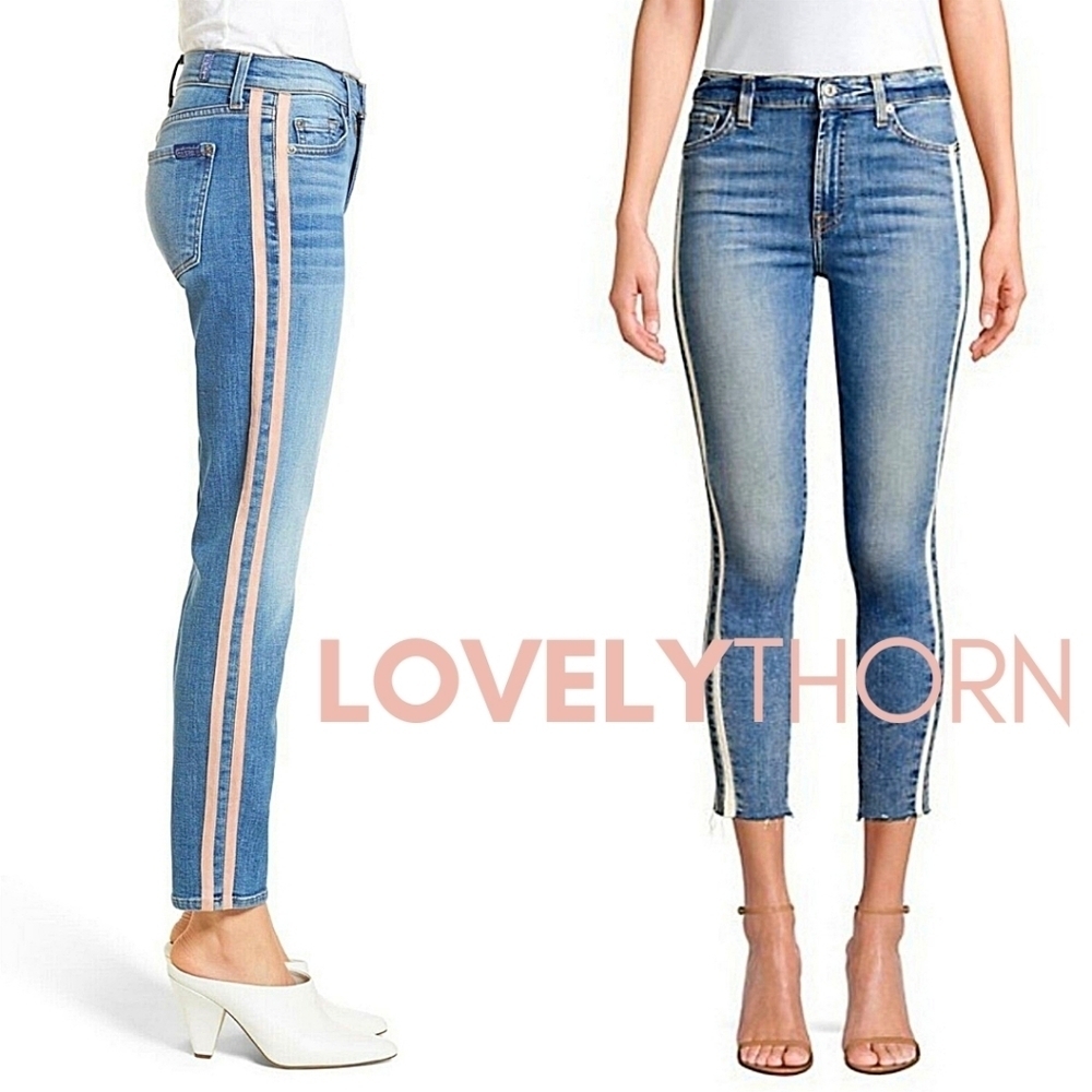 7FAM // ankle skinny pink faux suede side stripes soft stretch vtg blue jeans